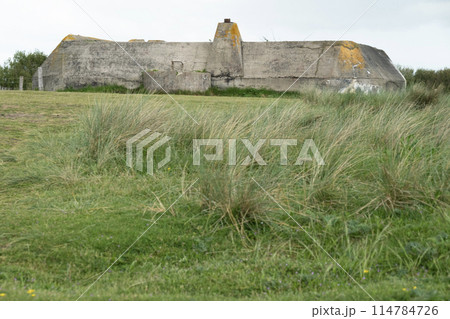 Normandy France D-Day stronghold bunker at top of hill in Utah beach area. WWII Utah Beach. Veterans Day rememberance. High quality photograph 114784726