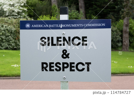 Courtesy sign at American cemetery at Normandy area. WWII memorial. High quality photo Courtesy sign at American cemetery at Normandy area. WWII memorial. High quality photo 114784727