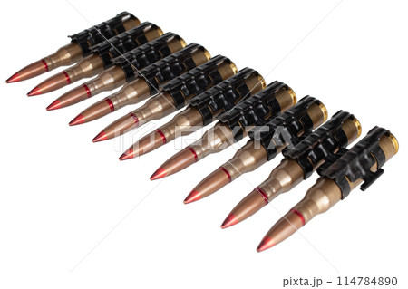 Ammunition belt with cartridges for heavy machine gun isolated on white. Ammunition belt with cartridges for heavy machine gun isolated on white. 114784890