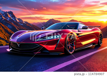 Red sports car on road at sunset. Red sports car on road at sunset. 114784907