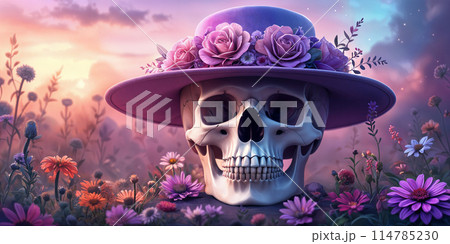 A skull with a purple hat and flowers on it, surrounded by colorful flowers. A skull with a purple hat and flowers on it, surrounded by colorful flowers. 114785230