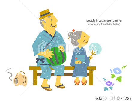 縁側で夕涼みをするシニア夫婦　カラフルでかわいい主線なしイラスト 114785285