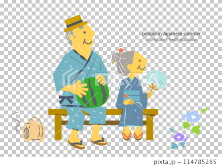 一對老夫婦在陽台上享受涼爽的晚風 — 色彩繽紛、可愛的插圖，沒有主線 114785285