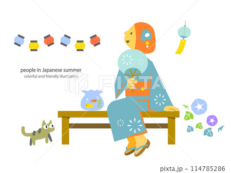 浴衣で夕涼みをする女性　カラフルで楽しい主線なしイラスト 114785286