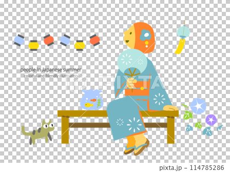 一個穿著浴衣享受涼爽晚風的女人，一幅色彩繽紛、有趣的沒有主線的插圖 114785286