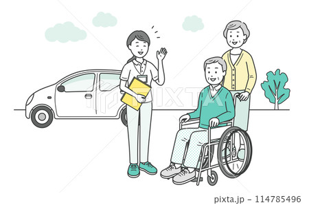外で会話をする介護福祉士かケアマネージャーの女性と高齢夫婦のイラスト 外で会話をする介護福祉士かケアマネージャーの女性と高齢夫婦のイラスト 114785496