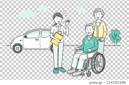 外で会話をする介護福祉士かケアマネージャーの女性と高齢夫婦のイラスト 外で会話をする介護福祉士かケアマネージャーの女性と高齢夫婦のイラスト 114785496