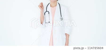ガッツポーズする白衣の女性医師(白背景・白バック・聴診器) ガッツポーズする白衣の女性医師(白背景・白バック・聴診器) 114785604