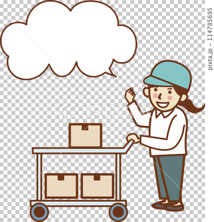 台車に荷物を乗せてガッツポーズをする女性作業員。ふきだし。 台車に荷物を乗せてガッツポーズをする女性作業員。ふきだし。 114785695