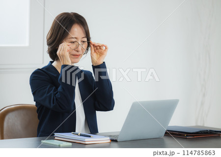ノートパソコンで仕事をするミドルビジネスウーマン　 114785863