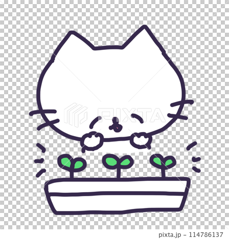 Illustration of a cute white colored kitten with sprouted buds in a planter 114786137