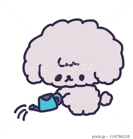 じょうろを持って水やりをしているかわいいトイプードルの子犬のイラスト 114786138