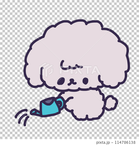 じょうろを持って水やりをしているかわいいトイプードルの子犬のイラスト 114786138