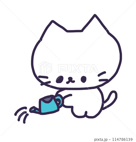 じょうろを持って水やりをしているかわいい白い色の子猫のイラスト 114786139