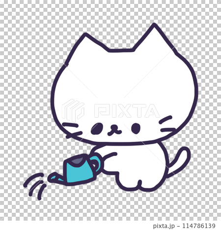 An illustration of a cute white kitten holding a watering can and watering plants 114786139