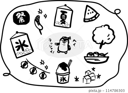 夏祭りの手描きセットイラスト_ペンギン 114786303
