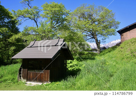 水車小屋とアルプス（長野県・白馬村） 114786799