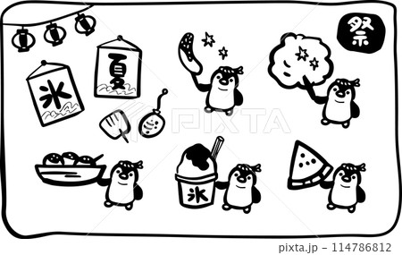 ペンギンのお祭り屋台食べ物イラストセット ペンギンのお祭り屋台食べ物イラストセット 114786812