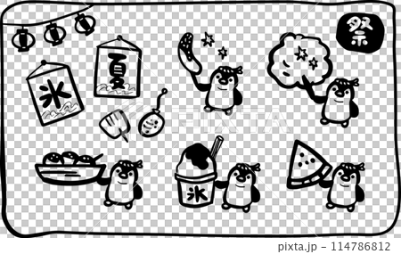 ペンギンのお祭り屋台食べ物イラストセット ペンギンのお祭り屋台食べ物イラストセット 114786812
