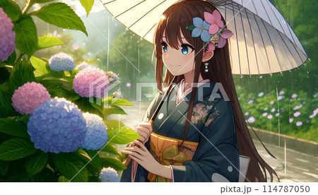 ◇紫陽花と少女◇手描きイラスト 手描きイラスト オリジナル 創作 原画 ポストカード 紫陽花 梅雨