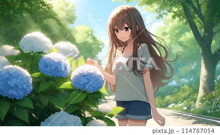 紫陽花を見て楽しむ美少女のイラスト素材 [114787054] - PIXTA