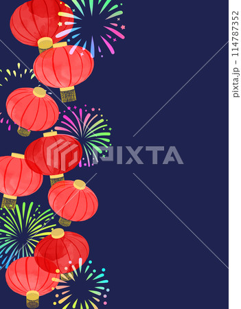 縦型の中国、中華の提灯と花火の背景イラスト 114787352
