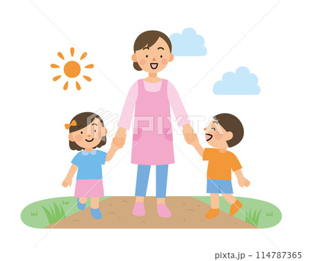 手を繋いでお散歩をする子供と先生 手を繋いでお散歩をする子供と先生 114787365