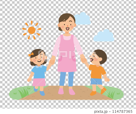 手を繋いでお散歩をする子供と先生 手を繋いでお散歩をする子供と先生 114787365