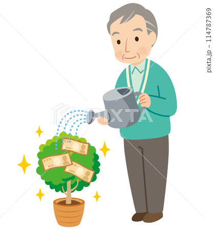 お金のなる木に水をやる高齢者男性　資産運用　老後資金 114787369