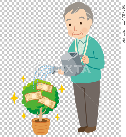Elderly man watering a money tree, asset management, retirement funds 114787369