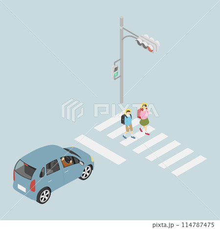 アイソメトリックイラスト：小学生と横断歩道1 114787475