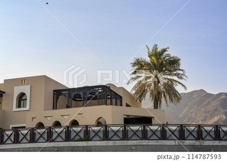 Arabic-style house with a palm tree on the coast of the Gulf of Oman on the Arabian Peninsula in UAE Arabic-style house with a palm tree on the coast of the Gulf of Oman on the Arabian Peninsula in UAE 114787593
