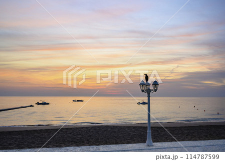 Lantern with a crow at sunset on the coast of the Gulf of Oman on the Arabian Peninsula 114787599