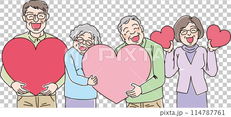 人物イラスト_ハートを持って笑顔の人達_高齢者4人_おじいちゃん_おばあちゃん 人物イラスト_ハートを持って笑顔の人達_高齢者4人_おじいちゃん_おばあちゃん 114787761
