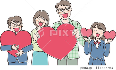 人物イラスト_ハートを持って笑顔の人達_4人家族_親子_男子学生_女子学生_40代夫婦 114787763