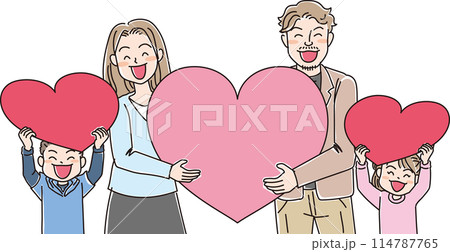 人物イラスト_ハートを持って笑顔の人達_4人家族_若い親子_男の子_女の子_30代夫婦 114787765