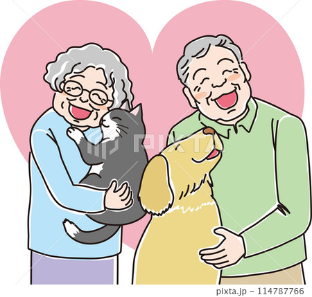 ハートを持って笑顔の人達_猫と犬と高齢夫婦_おじいちゃん_おばあちゃん_70代80代 ハートを持って笑顔の人達_猫と犬と高齢夫婦_おじいちゃん_おばあちゃん_70代80代 114787766
