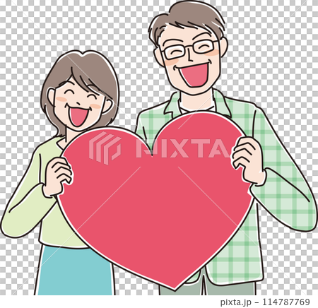 人物イラスト_ハートを持って笑顔の人達_中年夫婦_熟年夫婦_おじちゃん_おばちゃん_40代50代 114787769