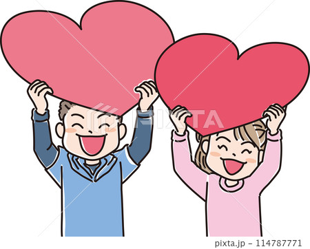 人物イラスト_ハートを持って笑顔の人達_笑顔でハートを掲げる男の子と女の子 114787771