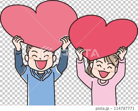 人物イラスト_ハートを持って笑顔の人達_笑顔でハートを掲げる男の子と女の子 114787771