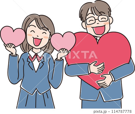 人物イラスト_ハートを持って笑顔の人達_学生男女_男子学生_女子高生_制服を着た男女学生 114787778