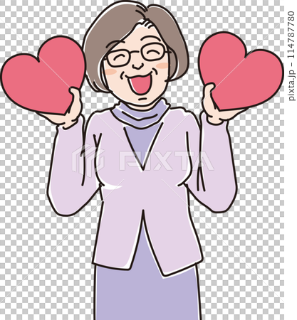 People illustration_Smiling people holding hearts_Smiling middle-aged woman holding hearts in both hands_Woman in her 50s 114787780