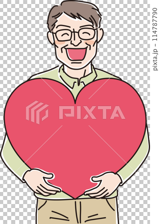 人物イラスト_ハートを持って笑顔の人達_笑顔で両手で大きなハートを持った中年男性_50代男性 114787790