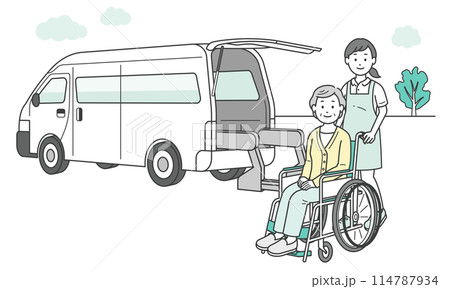 介護施設に送迎される高齢女性と介護士と福祉車両のイラスト 介護施設に送迎される高齢女性と介護士と福祉車両のイラスト 114787934