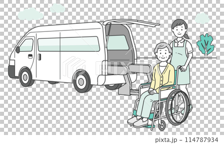 介護施設に送迎される高齢女性と介護士と福祉車両のイラスト 介護施設に送迎される高齢女性と介護士と福祉車両のイラスト 114787934