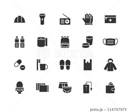 防災グッズのモノクロアイコンセット 114787975