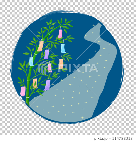 Illustration of a Tanabata bamboo decoration and a round frame of the Milky Way 114788318