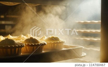 Bakery with hot fresh bread and pastry baking in the old town bakery, freshly baked products on shelves and the oven, small local business and food production idea Bakery with hot fresh bread and pastry baking in the old town bakery, freshly baked products on shelves and the oven, small local business and food production idea 114788467