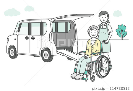 介護施設に送迎される高齢女性と介護士と福祉車両のイラスト 114788512