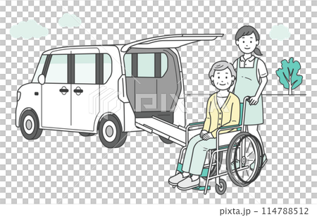 圖：一名老年婦女、一名護理人員和一輛福利車被送往護理機構或從護理機構送出 114788512